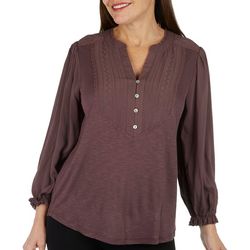 Womens 3/4 Sleeve Ruffle Edge Neck Embroided Knit Top