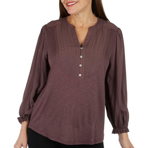 Womens 3/4 Sleeve Ruffle Edge Neck Embroided Knit