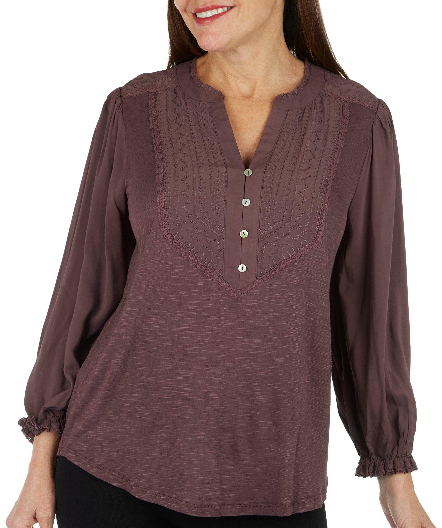 Womens 3/4 Sleeve Ruffle Edge Neck Embroided Knit Top