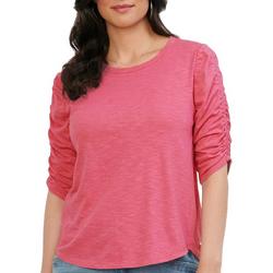 Womens Solid Ruched Heathered Elbow Puff Sleeve Top