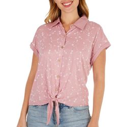 Stem & Vine Womens Embroidered Tie Front Short Sleeve Top