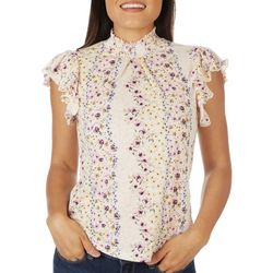 ROOMMATES Womens Floral Smocked Mock Neck Short Sleeve Top