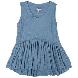Womens Solid Puckered Babydoll Sleeveless Top