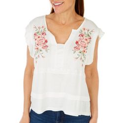 Liv Womens Solid Embroidered Lace Flutter Sleeve Top
