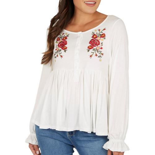Liv Womens Solid Embroidered Baby Doll Long Sleeve