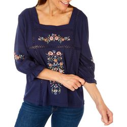 Liv Womens Embroidered Lace 3/4 Sleeve Top