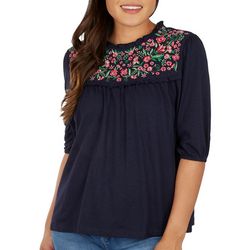 Womens Embroidered Yoke Elbow Sleeve Top