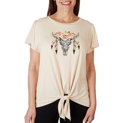 Womens Floral Cow Skull Tie Front Short Sleeve Top
