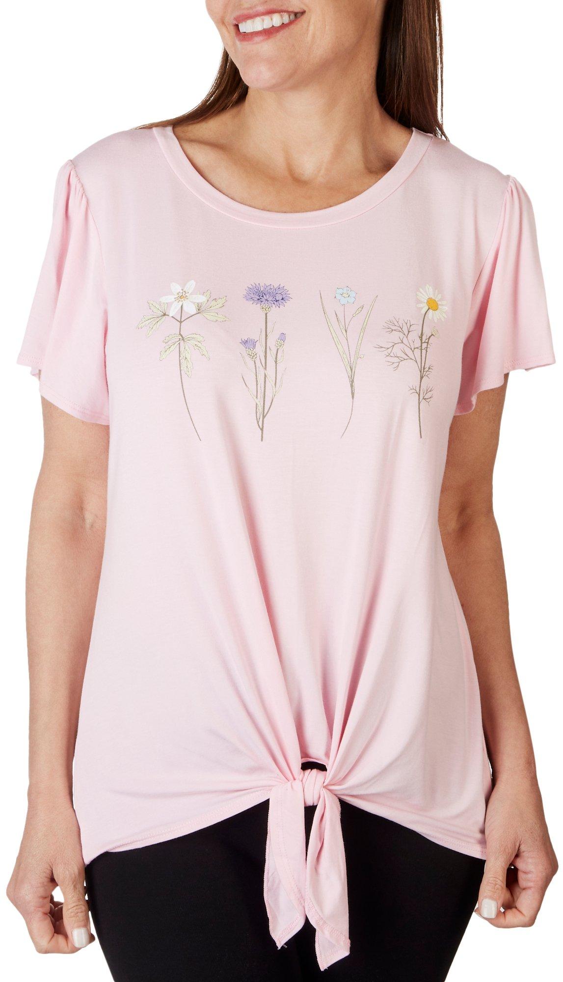 Womens Wildflowers Tie Front Short Sleeve Top