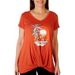 Womens Palm Trees & Mountains Twist Front Short Sleeve Top