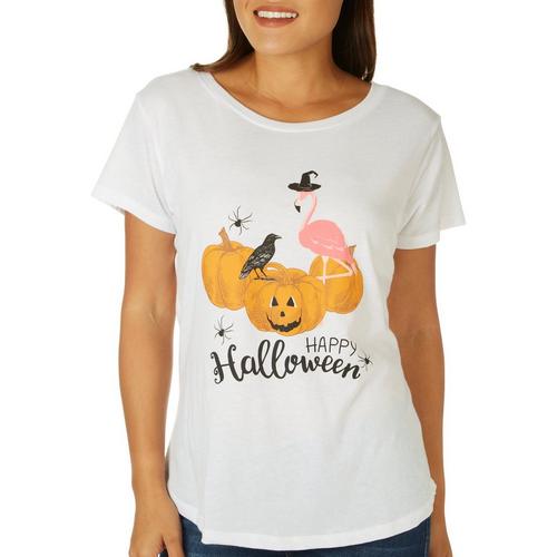 Adiva Womens Flamingo Pumpkin Halloween Short Sleeve T-Shirt