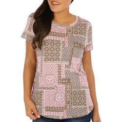 Blue Sol Womens Patchwork Mixed Print Short Sleeve Top
