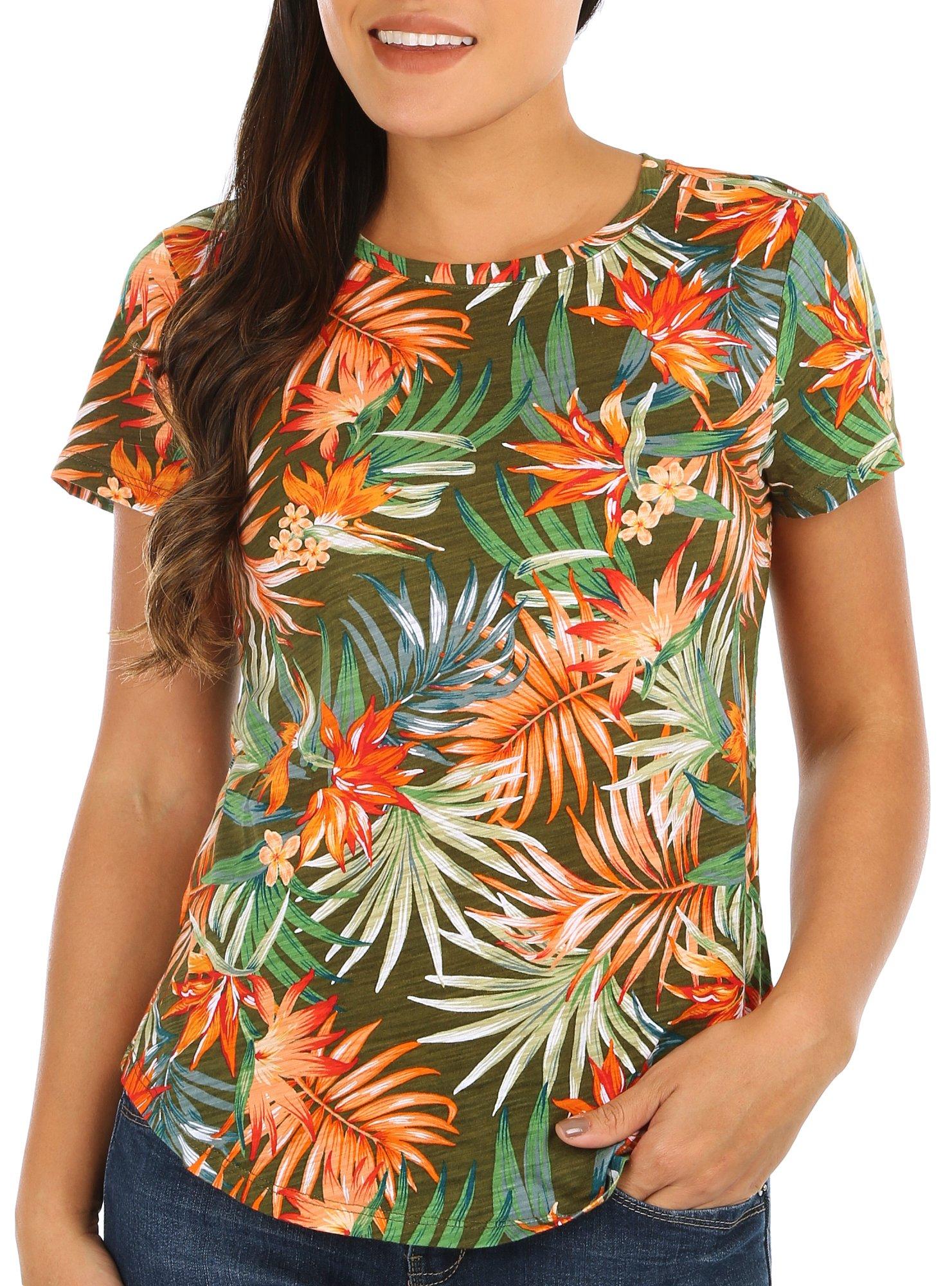 Blue Sol Womens Palm Floral Short Sleeve Top