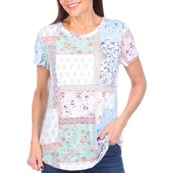Blue Sol Womens Patchwork Print Luxey Short Sleeve Top