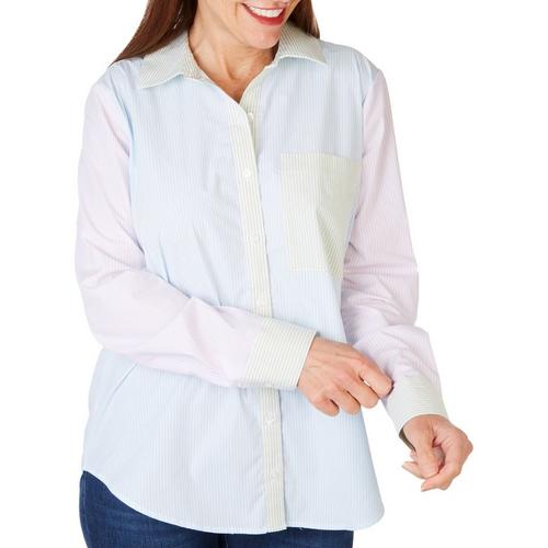 Womens Aryn Striped Colorblock Button Down Long Sleeve