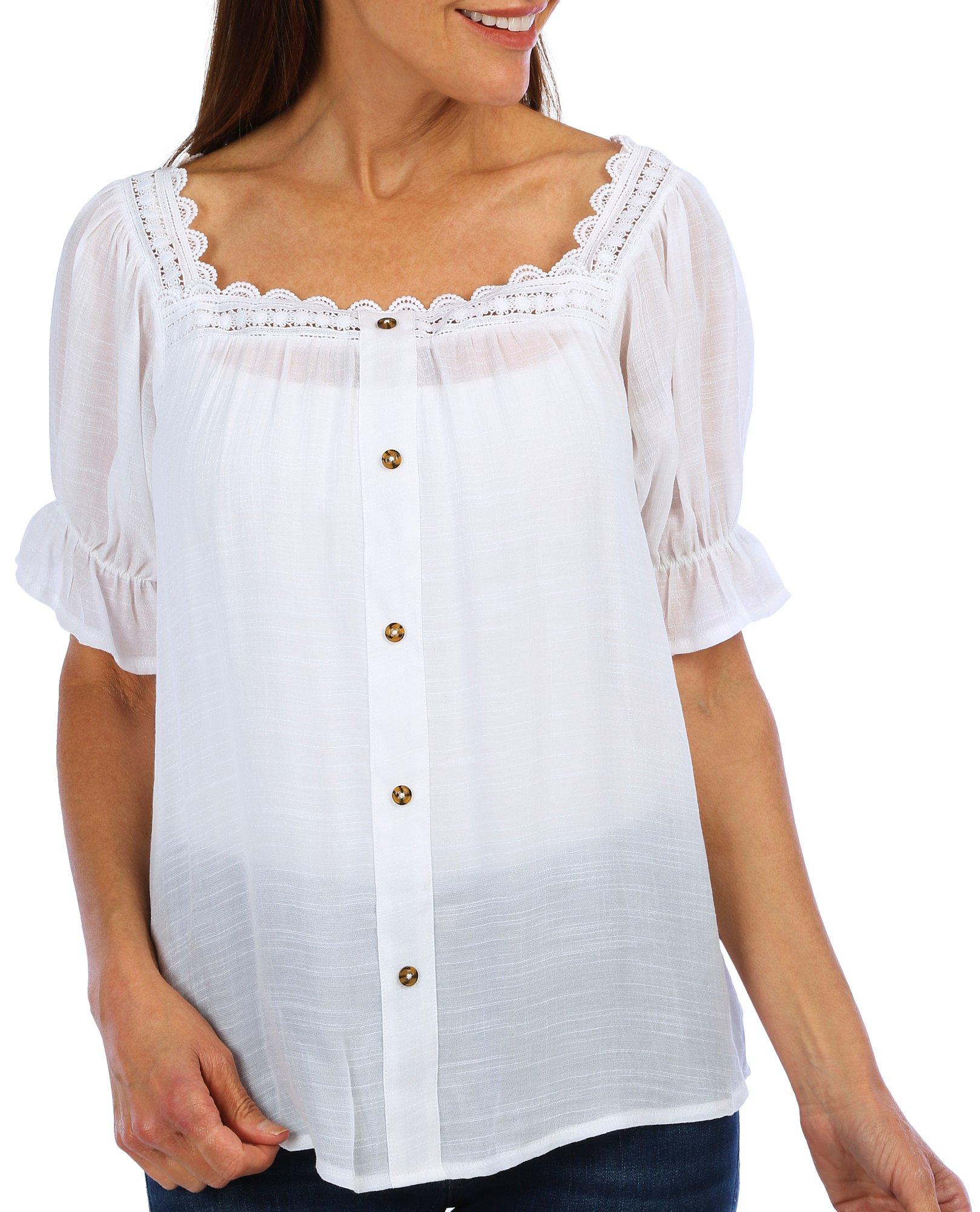 Womens Lace Short Sleeve Buttoned Top