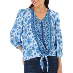 Womens Mixed Print Tie Front 3/4 Sleeve Top