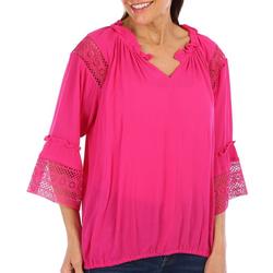 Womens Lace Inset Bubble Waist 3/4 Sleeve Top