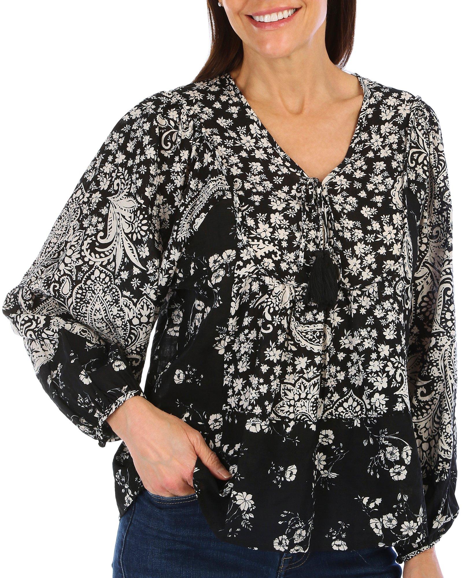 Bunulu Womens Mixed Print Floral Popover Top