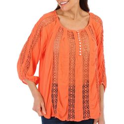 Bunulu Womens Solid Lace Inset 3/4 Sleeve Top