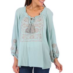 Bunulu Womens Embroidered Tie Front Long Sleeve Peasant Top