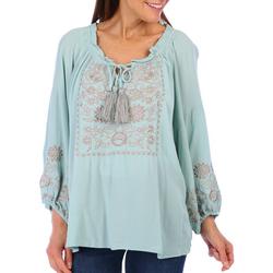 Womens Embroidered Tie Front Long Sleeve Peasant Top