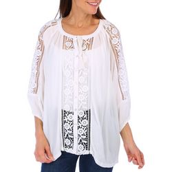 Bunulu Womens Solid Lace Inset 3/4 Sleeve Top