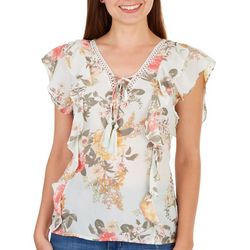 American Rag Womens Floral Lace Up Ruffle Short  Sleeve Top