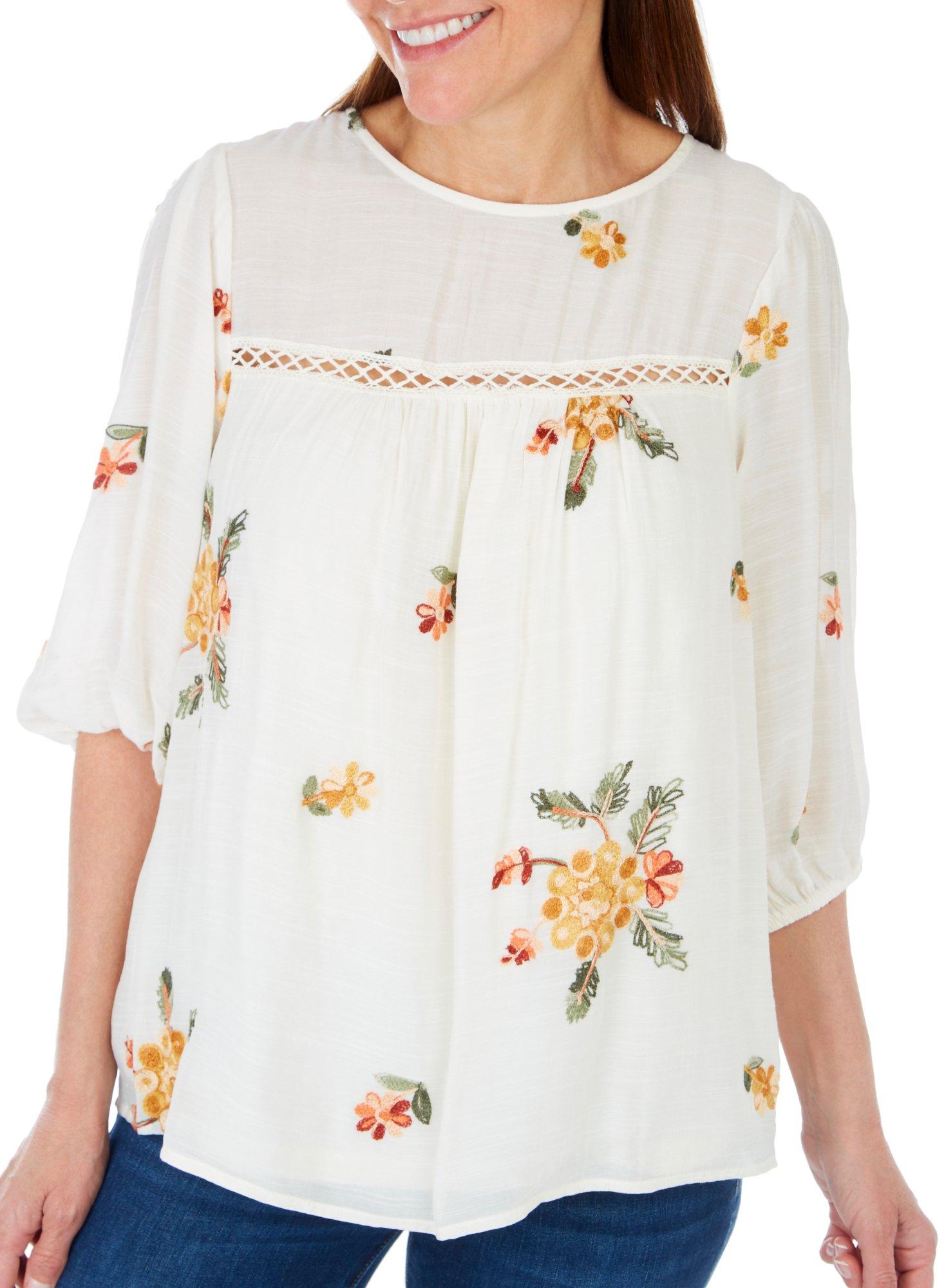 Womens Floral Embroidered 3/4 Sleeve Top