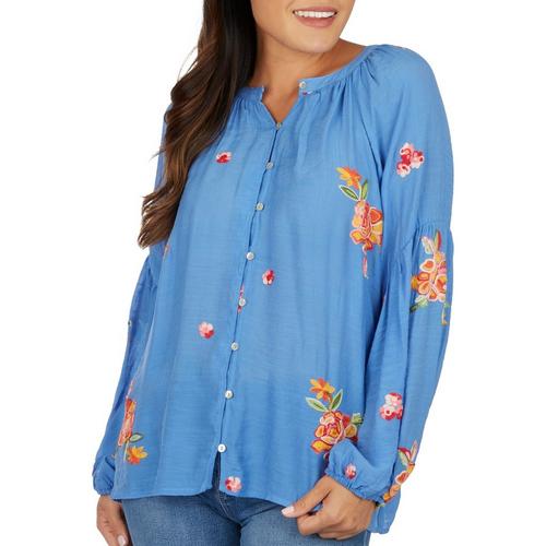 Womens Floral Embroidered Long Sleeve Top