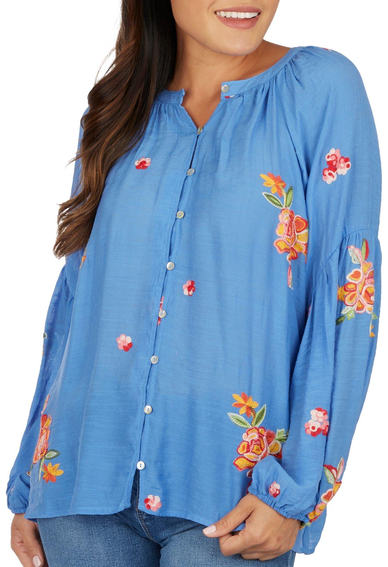 Womens Floral Embroidered Long Sleeve Top