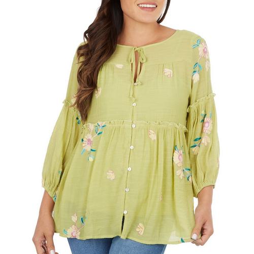 Figueroa & Flower Womens Embroidered Babydoll Top