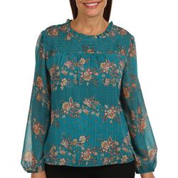 Womens Floral Woven Smocked Yoke Neck 3/4 Sleeve Top