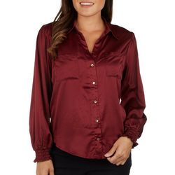 Womens Solid Long Sleeve Button Down Top