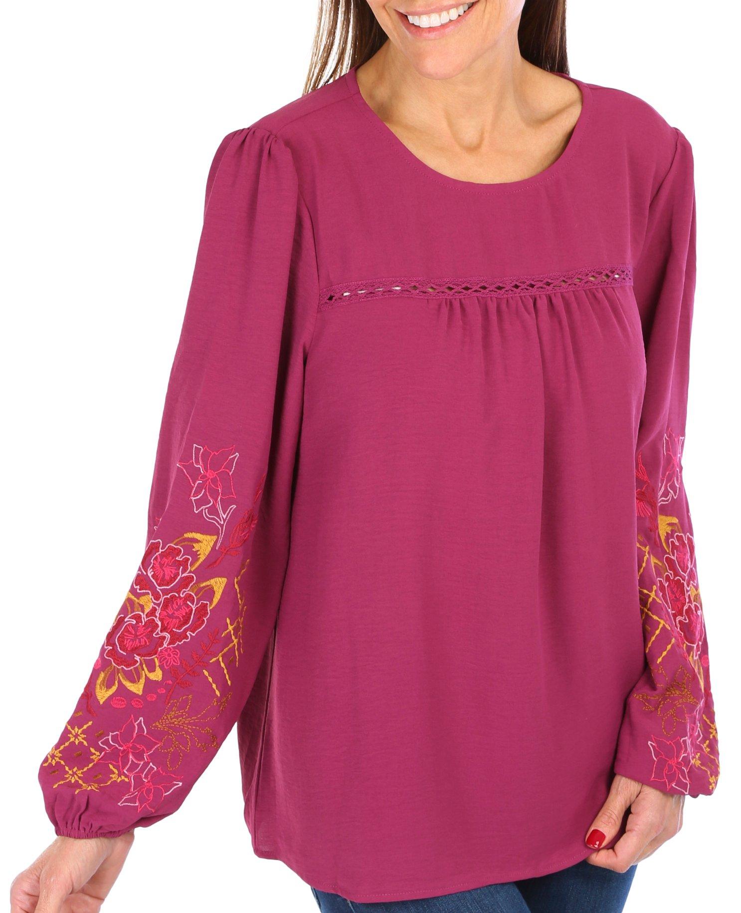 Figuero & Flower Womens Embroidered 3/4 Sleeve Top
