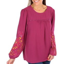 Figuero & Flower Womens Embroidered 3/4 Sleeve Top