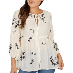 Womens Solid Floral Embroidered Baby Doll Long Sleeve Top