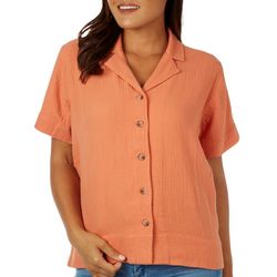 Kensie Womens Solid Gauze Button Down Short Sleeve Shirt