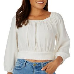 Womens Solid Gauze Cropped Peasant Long Sleeve Top