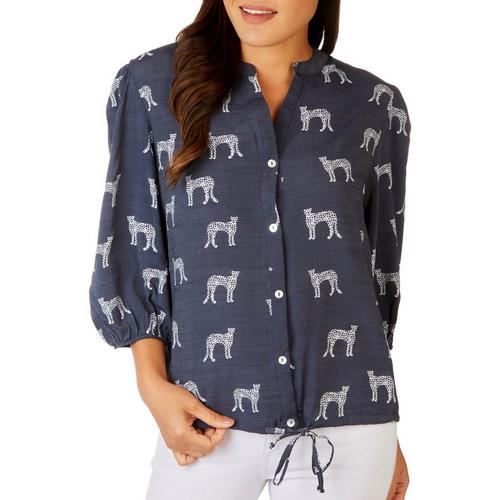Womens Button Down Animal Print Long Sleeve Top