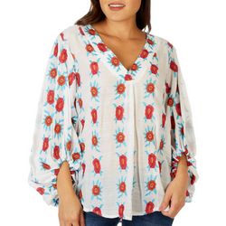 Womens V Neck Rose Embroidered Balloon Long Sleeve Top
