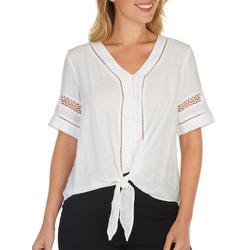 Womens Woven Button Down Tie Front Short Sleeve Top