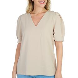 Womens Solid Woven V-Neck Short Puff Sleeve Top