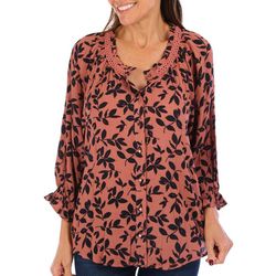 Bunulu Womens Floral Ruffles and Lace Button Down Top