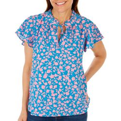 Bobeau Womens Floral Tie Front Short Ruffle Sleeve Top