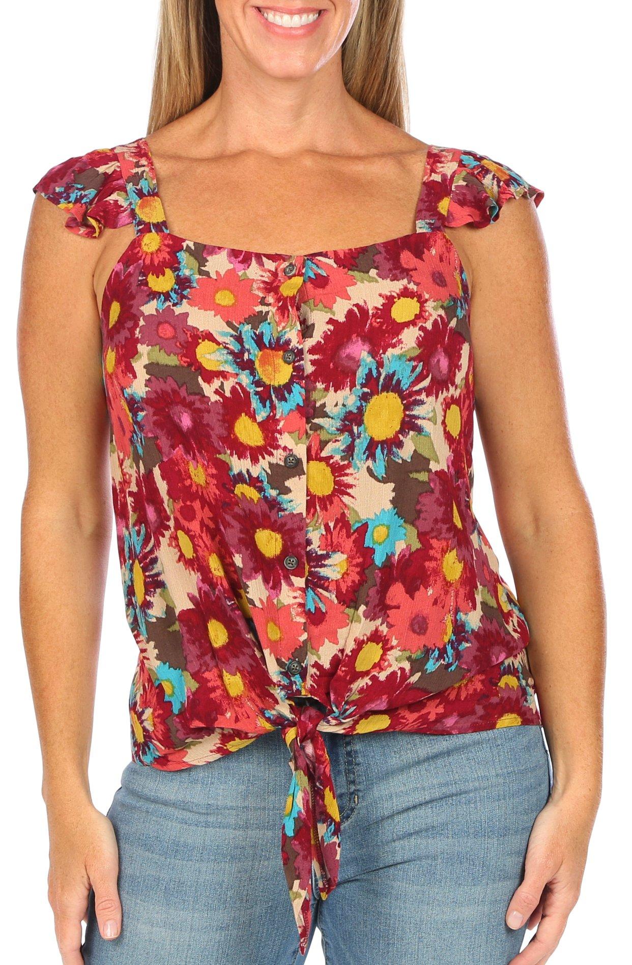 Womens Flowers Button Down Tie-Front Sleeveless Top