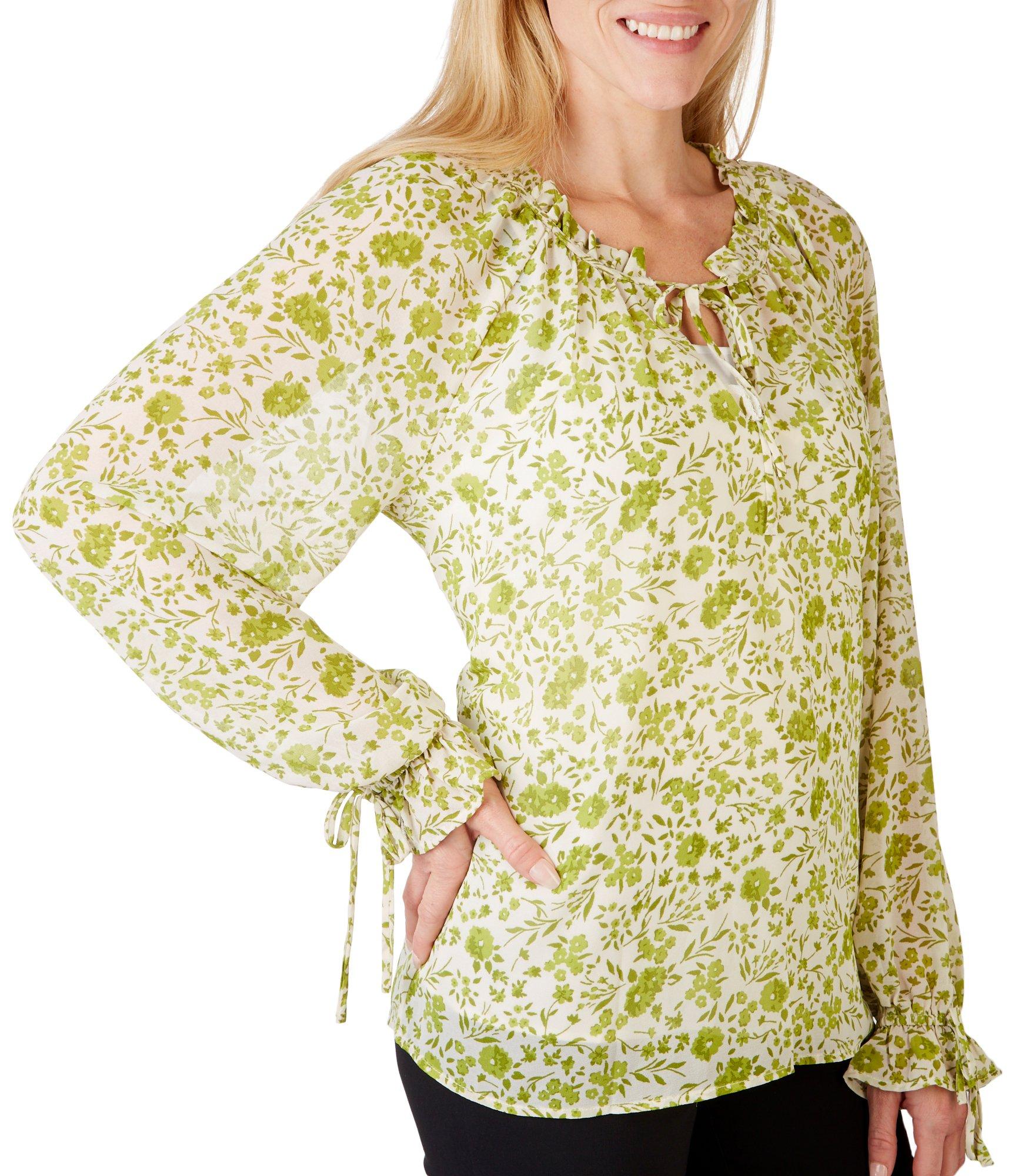 Bobeau Womens Floral Tie Front Long Sleeve Top