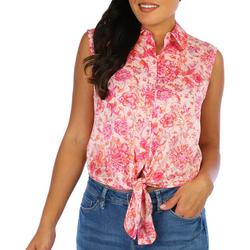 Womens Satin Button Down Tie-Front Sleeveless Top