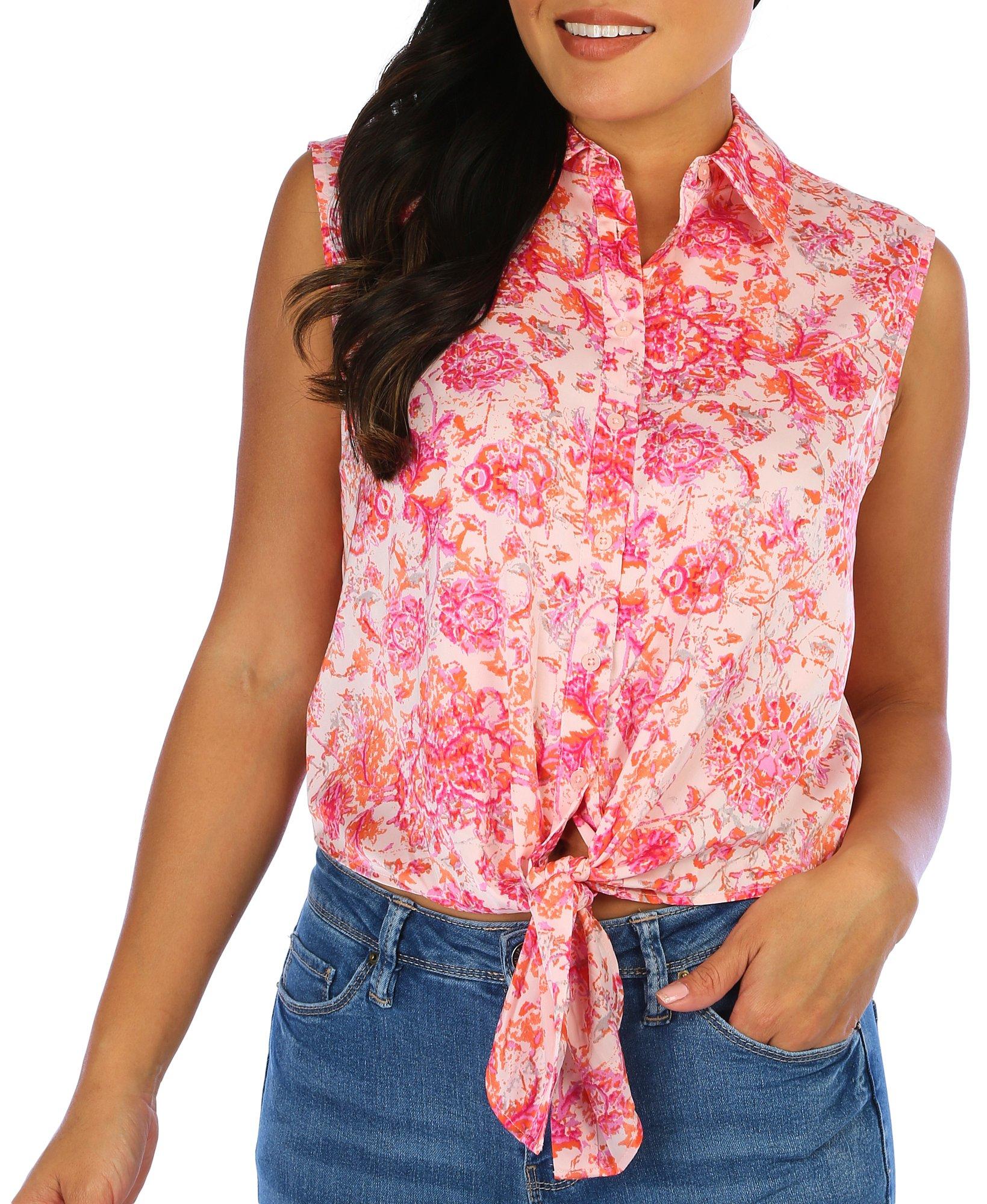 Womens Satin Button Down Tie-Front Sleeveless Top