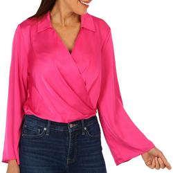 Womens Satin Long Sleeve Wrap Front Top